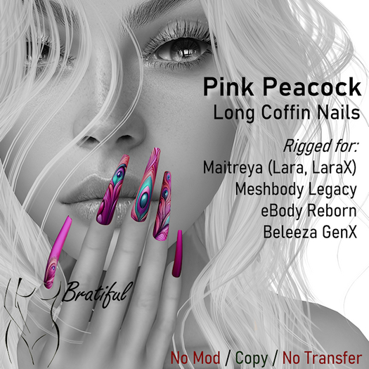 Pink Peacock Nails (Long Coffin Nails)
