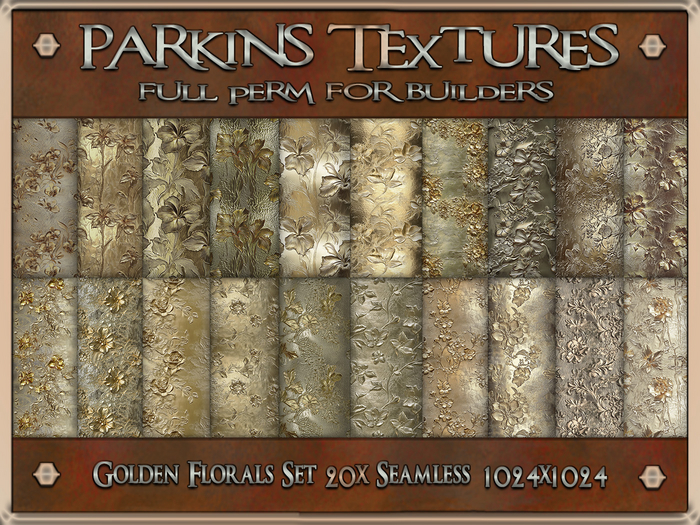 Parkins Textures - Golden Floral Set - 20x Full Perm Seamless 1024 - Metal, Gold, Floral, Decorative, Antique, Pot, Vase