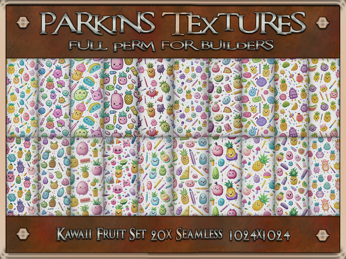 Parkins Textures - Kawaii Fruit Set - 20x Full Perm Seamless 1024 - Fabric, Pattern, Child, Kid, Cute, Summer, Spring