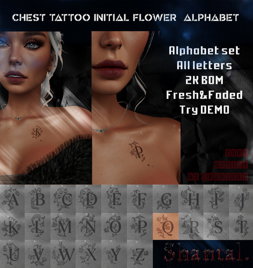 Shantal.  Tattoo Chest Initial Floral Set - Q 