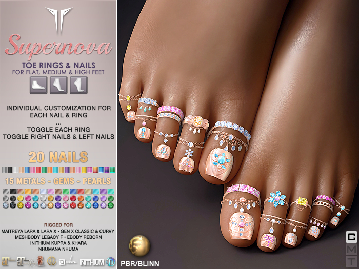 **RE** Supernova Toenails & Rings Set - PBR - Maitreya, Gen X, Meshbody, Inithium, eBODY, NHUMANA