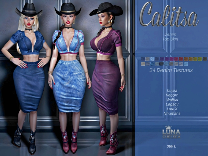 Calista Denim Classic pencil Skirt Outfit, Fatpack, Original mesh
