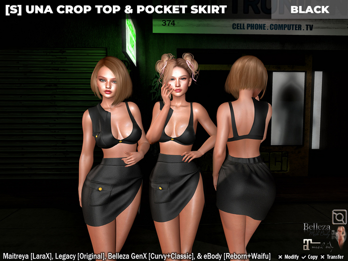 [S] Una Crop Top & Pocket Skirt Black
