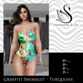 [S&C] Graffiti Swimsuit - Turquoise • Lara • Petite • LaraX • LaraX Petite