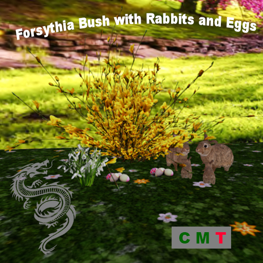 Forsythia Bush with Rabbits and Eggs