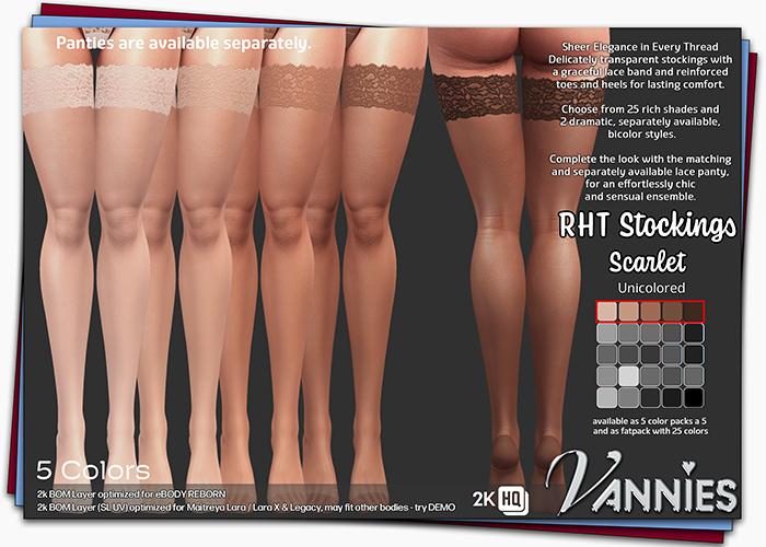 2k BOM VANNIES RHT Stockings Scarlet solid-colored Colors 1-5  (nudes,beige,brown)