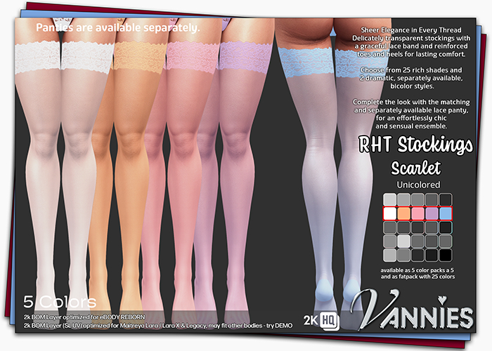 2k BOM VANNIES RHT Stockings Scarlet solid-colored Colors 6-10 pastel tones