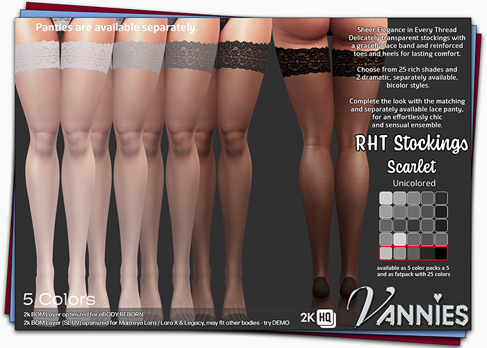 2k BOM VANNIES RHT Stockings Scarlet solid-colored Colors 21-25 (silver,grey,black)