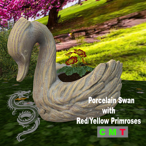 Porcelain Swan with Red/Yellow Primroses