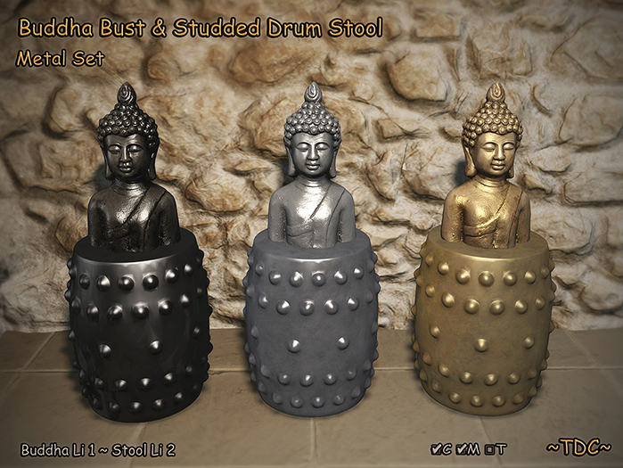 Buddha Bust & Studded Drum Stool - Metal Set