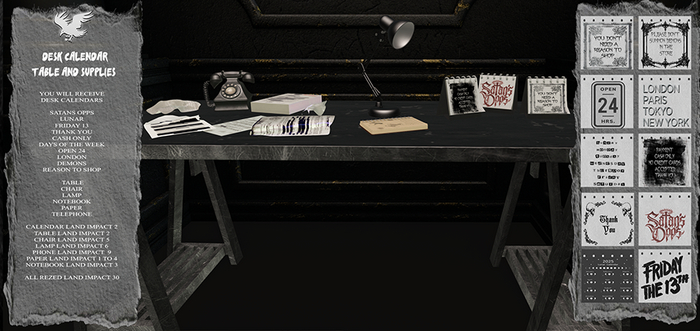 Cherry//Crow//Desk Calendar table,chair and supplies