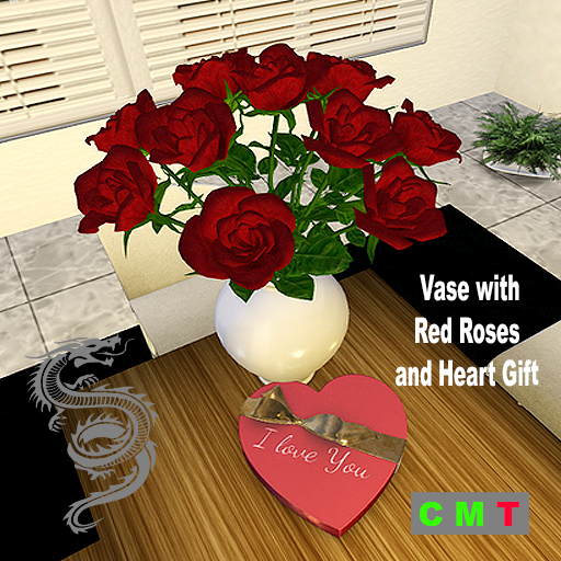 Vase with Red Roses and Heart Gift