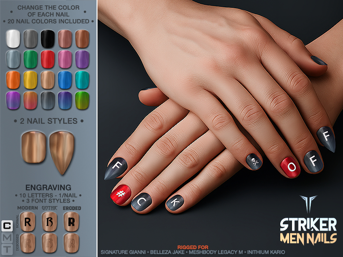 **RE** Striker Men Nails - Engraving - PBR - Signature Gianni - Belleza Jake - Meshbody Legacy M - Inithium Kario