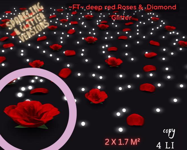 ~FT~ Deep Red  Roses & diamonds glitter 2X1.7 
