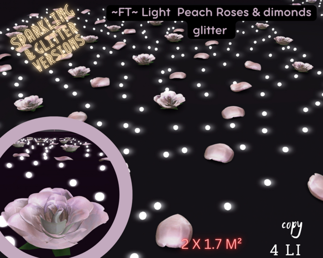 ~FT~ Light  Peach Roses & diamonds glitter 2X1.7 