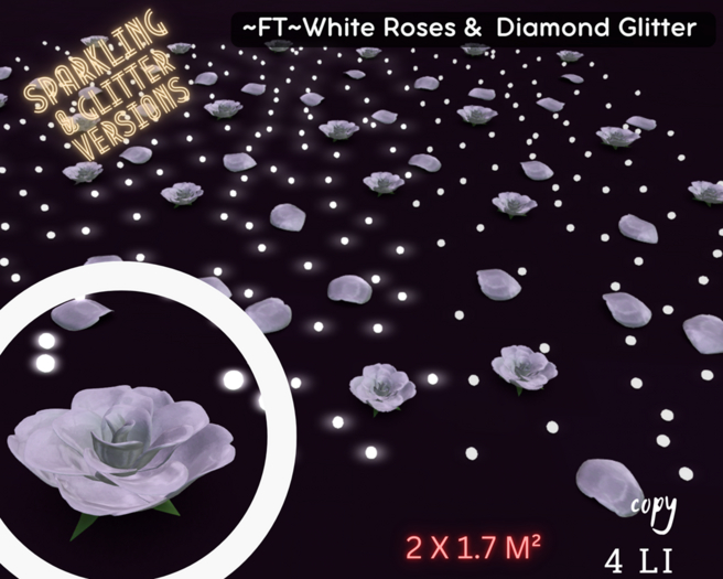 ~FT~ White  Roses & diamonds glitter 2X1.7