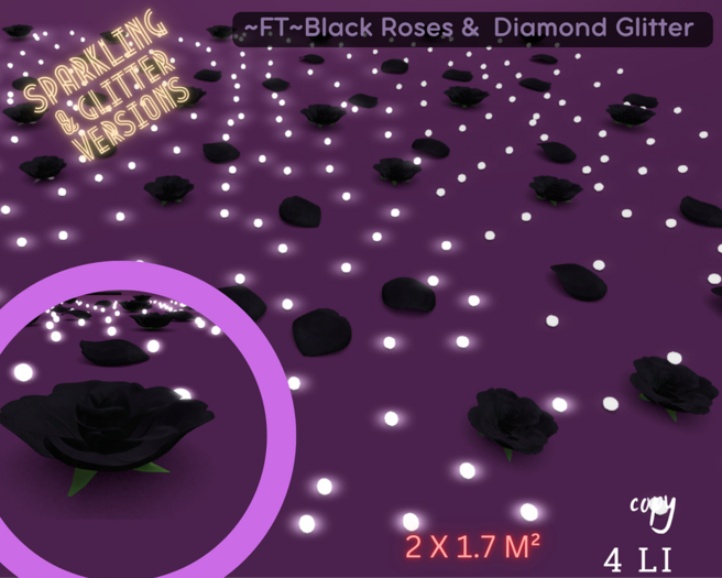 ~FT~Black  Roses & diamonds glitter 2X1.7 