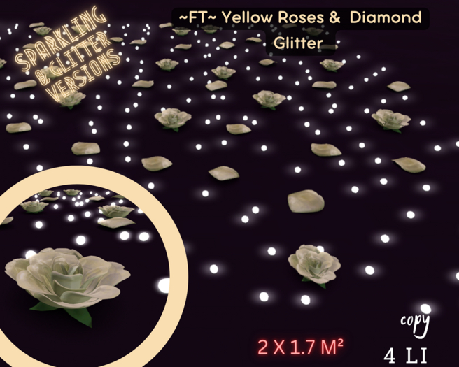 ~FT~YELLOW  Roses & diamonds glitter 2X1.7