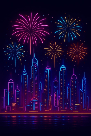 Neon fireworks over city original