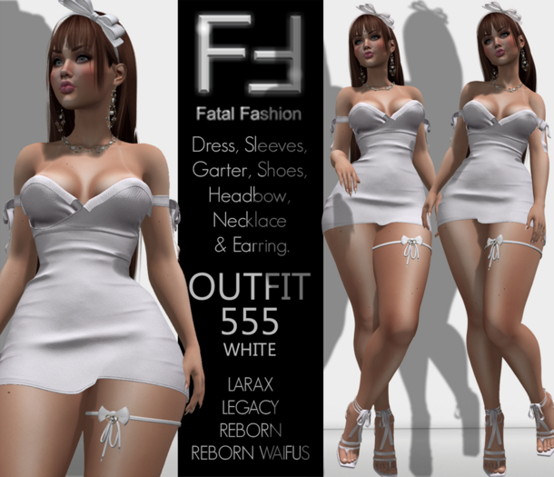 Fatal Fashion - Outfit 555 - WHITE: Dress, Sleeves, Garter, Shoes, Headbow, Necklace & Earring.