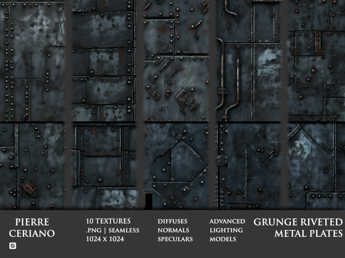 Grunge riveted metal plates - 10 FULL PERM Textures