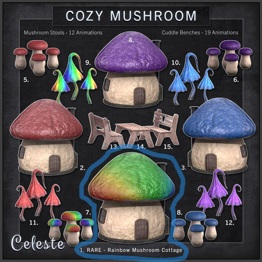 1. CELESTE - Cozy Mushroom - Rainbow Mushroom Cottage - RARE