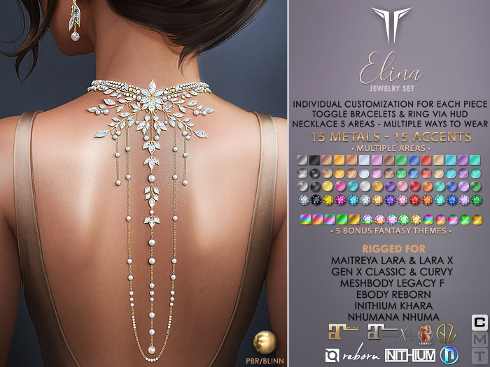 **RE** Elina Jewelry Set - Necklace - Earrings - Bracelets - Ring - PBR - Maitreya, Gen X, Meshbody, Khara, eBODY, Nhuma