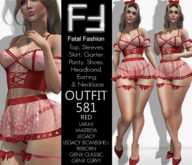 Fatal Fashion - Outfit 581 - RED: Top, Sleeves, Skirt, Garter, Panty, Shoes, Headband, Earring & Necklace