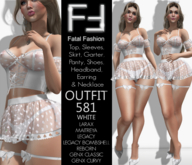 Fatal Fashion - Outfit 581 - WHITE: Top, Sleeves, Skirt, Garter, Panty, Shoes, Headband, Earring & Necklace