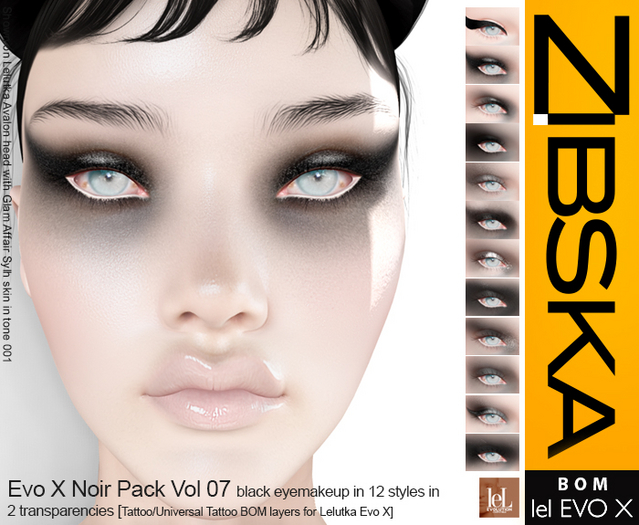 Zibska Evo X ~ Noir Pack Vol 07 Black Eyeshadow in 12 styles in 2 transparencies tattoo and universal tattoo BOM layers