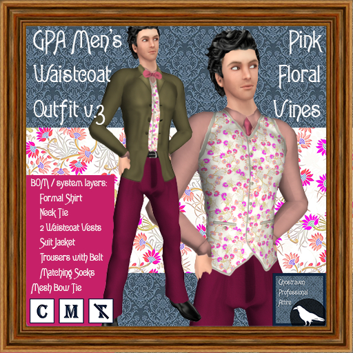 GPA Men's Waistcoat Outfit BOM - Pink Floral Vines Print v.3
