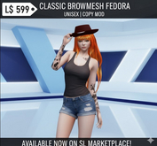 Classic Brown Mesh Fedora Hat | Unisex SL Accessory | Copy Mod Available"nd Cowboy Hat