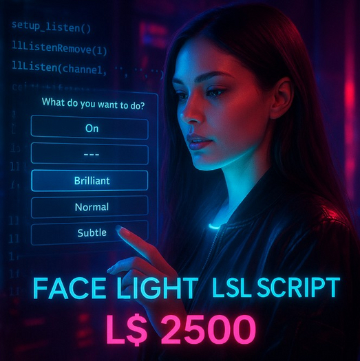  Face Light With HUD LSL Script Pack (Dialog + Prim Light Control) | Copy/Mod | Interactive Avatar Lighting System 