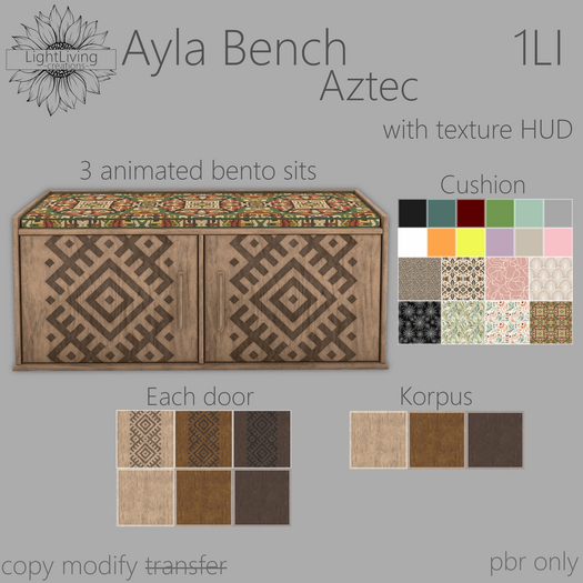 ~LLc~ Ayla Bench Aztec 1LI w. texture HUD