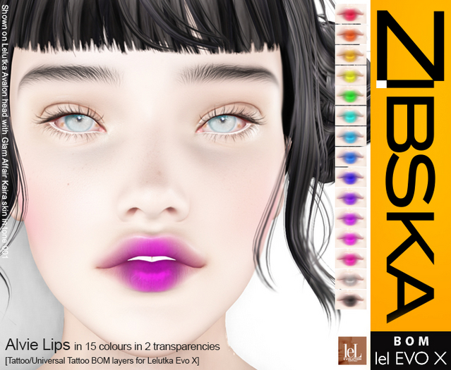 Zibska Evo X ~ Alvie Lips in 15 colors in 2 transparencies with tattoo and universal tattoo BOM layers