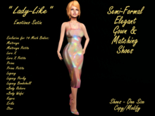 EMOTIONS SATIN SATIN SEMI-FORMAL GOWN DRESS & FRINGED PUMP HEELS Fitmesh Maitreya,Legacy,Prima,Reborn,Star,Erika,Kupra