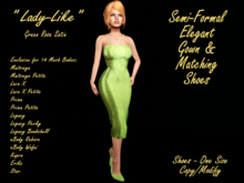 GREEN ROSE SATIN SEMI-FORMAL GOWN DRESS & FRINGED PUMP HEELS Fitmesh Maitreya, Legacy, Prima, Reborn, Star, Erika, Kupra