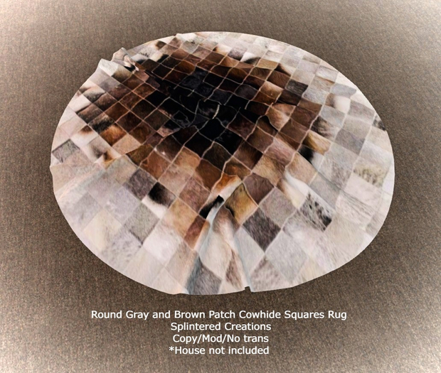 SC: Round Gray and Brown Patch Cowhide Rug Squares