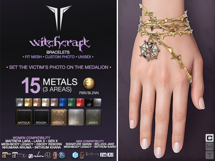 **RE** Witchcraft Bracelets - Unisex - Custoom Photo - Maitreya, lara X, Gen X, Reborn, Meshbody, Nhuma, Khara, Gianni