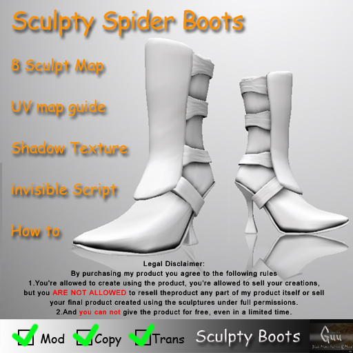 -=((Guu))=- Sculpty Spider Sexy Cyber Boots [BOXED] SCULPT MAP & Shadow Texture FULL PERMS 
