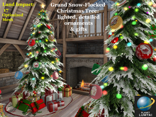 Grand Snow flocked Christmas Tree, lighted, Ornaments & Gifts