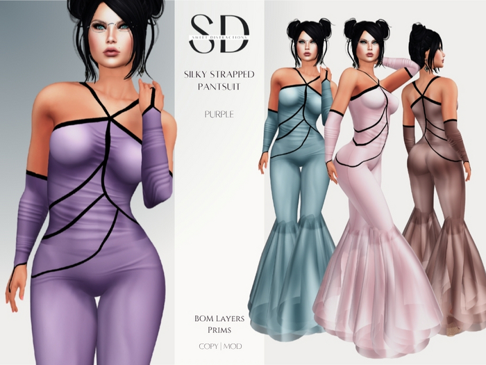 Silky Strapped Pantsuit – Purple – BOM|Layers|Omega|Prims – Sweet Distractions