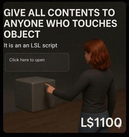  Give All Contents to Anyone Who Touches Object Script by Jubaerk – Easy Auto-Giver LSL Script (Copy/Mod)