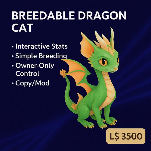 Breedable Dragon Cat – Interactive Pet with Hunger, Health & Mating System – Copy/Mod – Virtual Fantasy Companion