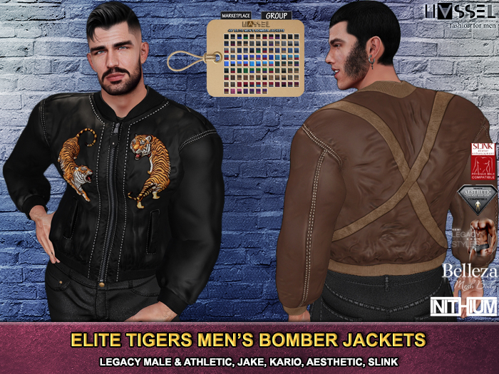(HASSEL) PACK ELITE TIGERS MEN'S BOMBER JACKETS LEGACY MALE & ATHLETIC, KARIO FIT FLEX FLAT, JAKE, AESTHETIC, SLINK 497