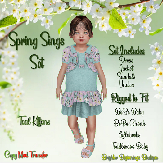 Spring Sings Dress Set - Teal Kittens