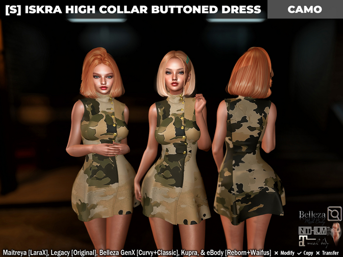 [S] Iskra High Collar Buttoned Dress Camo