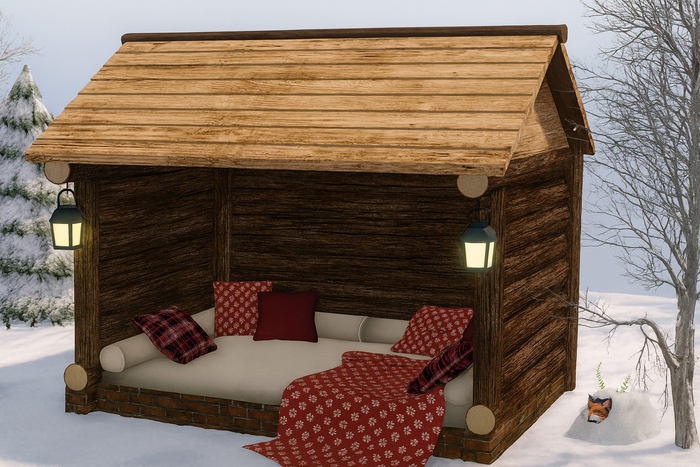 Cozy Red Cabin Lounge – Winter Hideaway Mesh Patio with Bento Sits & Cuddles