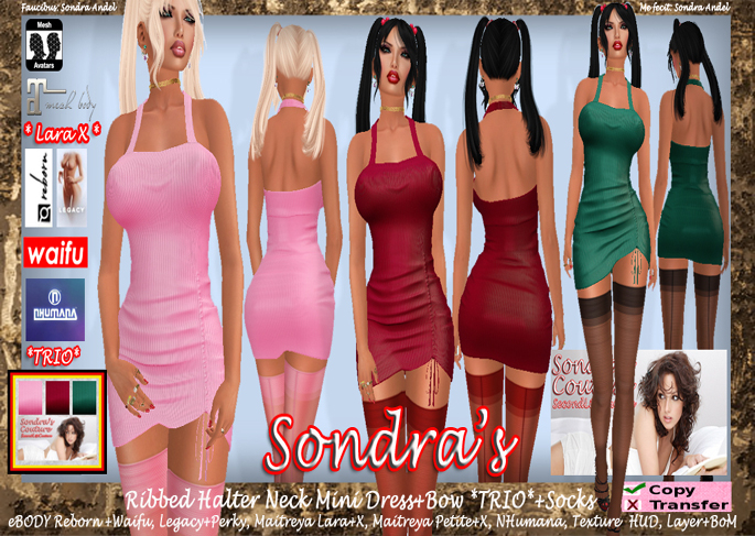 *Sondra's Ribbed Halter Neck Mini Dress+Bow *TRIO*+Socks(add)