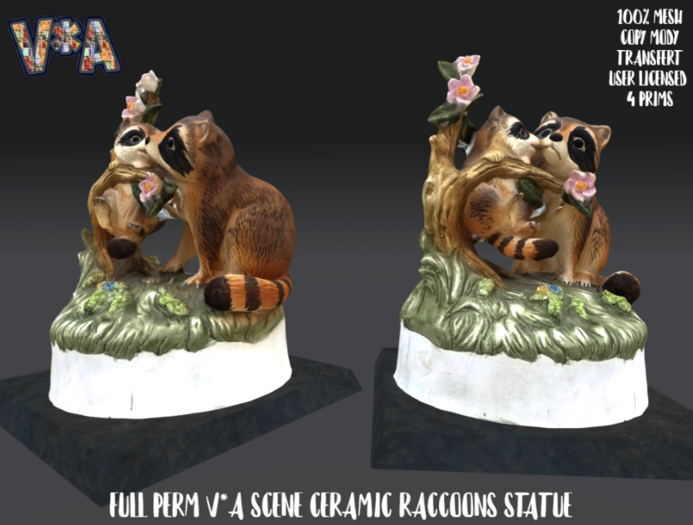 FULL PERM V*A SCENE CERAMIC RACCOONS STATUE